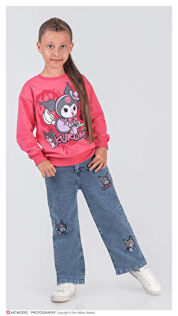 PJK2İKT Kuromi Desenli 2 İp %100 Pamuk Kız Çocuk Kot Pantolonlu Takımı 3-10 Yaş 8224