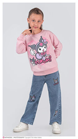 PJK2İKT Kuromi Desenli 2 İp %100 Pamuk Kız Çocuk Kot Pantolonlu Takımı 3-10 Yaş 8224