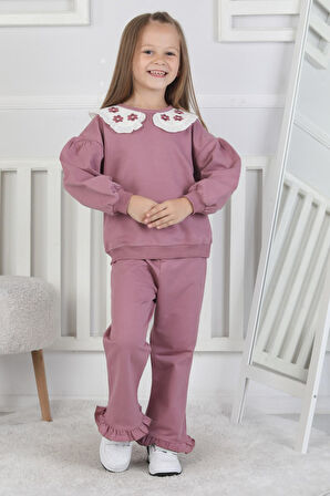 İSOB2İ Nakış Yakalı 2 İp Fırçalı Kumaş %100 Pamuk Kız Çocuk Takımı 2-6 Yaş 24051