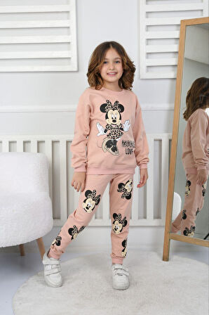 İSOB2İ M.Mause Kız Desenli 2 İp %100 Pamuk 2ip Şardonlu Kız Çocuk Eşofman Takımı 3-10 Yaş 33103