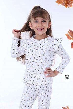 PJK2İ İçi Pembe Kalp Desenli Ekru Fitilli 2 İp %100 Pamuk Kız Çocuk Takımı 3-10 Yaş 7210-E