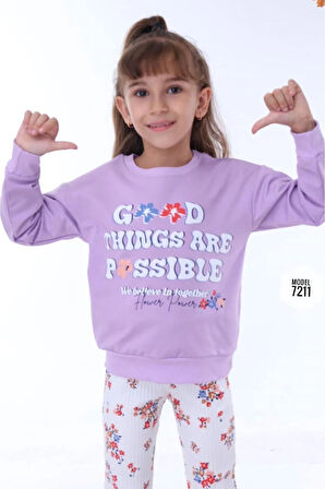 PJK2İ Çiçek Desenli Lila Çiçekli Fitilli Taytlı 2 İp %100 Pamuk Kız Çocuk Takımı 3-10 Yaş 7211-L