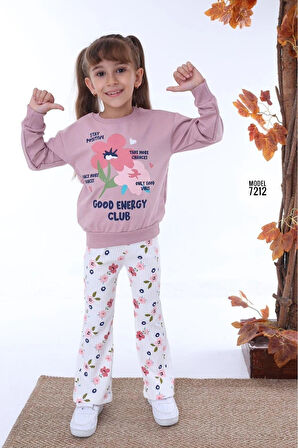 PJK2İ Çiçek Desenli Gül Kurusu Fitilli Taytlı 2 İp %100 Pamuk Kız Çocuk Takımı 3-10 Yaş 7212-GK