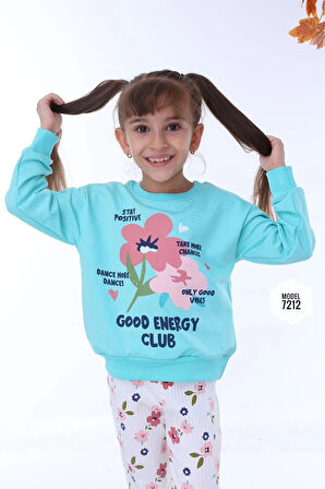 PJK2İ Çiçek Desenli Yeşil Fitilli Taytlı 2 İp %100 Pamuk Kız Çocuk Takımı 3-10 Yaş 7212-Y