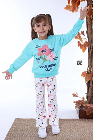 PJK2İ Çiçek Desenli Yeşil Fitilli Taytlı 2 İp %100 Pamuk Kız Çocuk Takımı 3-10 Yaş 7212-Y