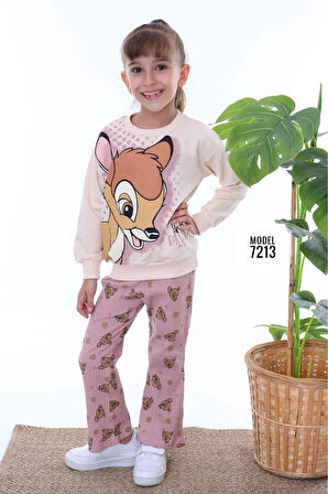 PJK2İ BMB Desenli Gül Kurusu Fitilli Taytlı 2 İp %100 Pamuk Kız Çocuk Takımı 3-10 Yaş 7213-GK