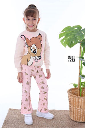 PJK2İ BMB Desenli Pembe Fitilli Taytlı 2 İp %100 Pamuk Kız Çocuk Takımı 3-10 Yaş 7213-P
