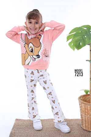 PJK2İ BMB Desenli Pudra Fitilli Taytlı 2 İp %100 Pamuk Kız Çocuk Takımı 3-10 Yaş 7213-PU