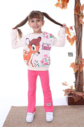 PJK2İ BMB Desenli Fuşya Fitilli Taytlı 2 İp %100 Pamuk Kız Çocuk Takımı 3-10 Yaş 7222-F