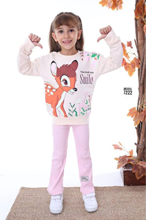 PJK2İ BMB Desenli Pembe Fitilli Taytlı 2 İp %100 Pamuk Kız Çocuk Takımı 3-10 Yaş 7222-P