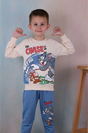 PJK2İ Tom&Jerry Desenli Mavi 2 İp %100 Pamuk Erkek Çocuk Eşofman Takımı 3-10 Yaş 7239-M