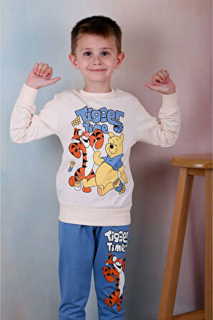 PJK2İ Tiger Winnie Pooh Desenli Mavi 2 İp %100 Pamuk Erkek Çocuk Eşofman Takımı 3-10 Yaş 7243-M