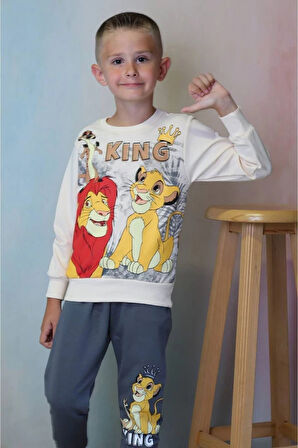 PJK2İ Lion King Desenli Füme 2 İp %100 Pamuk Erkek Çocuk Eşofman Takımı 3-10 Yaş 7244-F