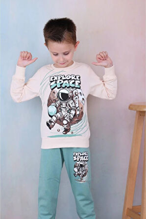 PJK2İ Astronot Desenli Yeşil 2 İp %100 Pamuk Erkek Çocuk Eşofman Takımı 3-10 Yaş 7258-Y