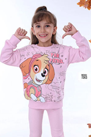 PJK2İ Paw Petrol Desenli Pembe Fitilli Taytlı 2 İp %100 Pamuk Kız Çocuk Takımı 3-10 Yaş 7263-P