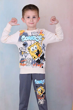 PJK2İ Sünger Bob Desenli Füme 2 İp %100 Pamuk Erkek Çocuk Eşofman Takımı 3-10 Yaş 7276-F