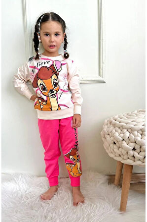 PJK2İ BMB Desenli Fuşya 2 İp %100 Pamuk Kız Çocuk Eşofman Takımı 3-10 Yaş 7282-F