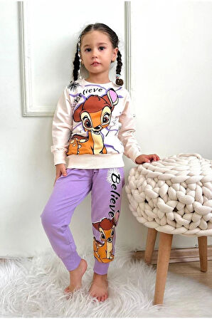 PJK2İ BMB Desenli Lila 2 İp %100 Pamuk Kız Çocuk Eşofman Takımı 3-10 Yaş 7282-L