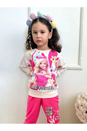 PJK2İ Barbie Desenli Fuşya 2 İp %100 Pamuk Kız Çocuk Eşofman Takımı 3-10 Yaş 7285-F