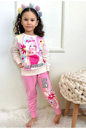 2PJK2İ Barbie Desenli Pembe 2 İp %100 Pamuk Kız Çocuk Eşofman Takımı 3-10 Yaş 7285-P