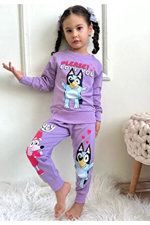 2PJK2İ Bluey Desenli Lila 2 İp %100 Pamuk Kız Çocuk Eşofman Takımı 3-10 Yaş 7290-L