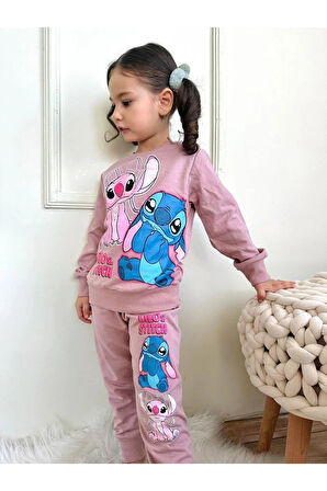2PJK2İ Lilo Stitch Desenli Gül Kurusu 2 İp %100 Pamuk Kız Çocuk Eşofman Takımı 3-10 Yaş 7292-GK