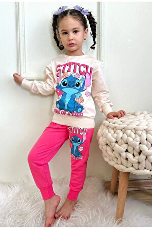 PJK2İ Stitch Desenli Fuşya 2 İp %100 Pamuk Kız Çocuk Eşofman Takımı 3-10 Yaş 7293-F