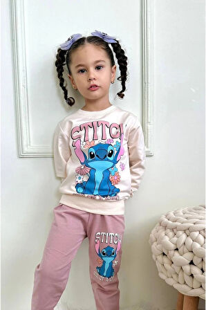 PJK2İ Stitch Desenli Gül Kurusu 2 İp %100 Pamuk Kız Çocuk Eşofman Takımı 3-10 Yaş 7293-GK