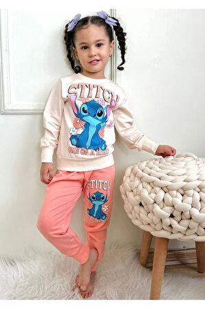 PJK2İ Stitch Desenli Somon 2 İp %100 Pamuk Kız Çocuk Eşofman Takımı 3-10 Yaş 7293-S
