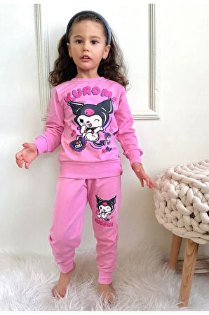 PJK2İ Kuromi Desenli Pembe 2 İp %100 Pamuk Kız Çocuk Eşofman Takımı 3-10 Yaş 7312-P
