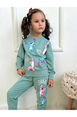 PJK2İ Stitch Desenli Yeşil 2 İp %100 Pamuk Kız Çocuk Eşofman Takımı 3-10 Yaş 7317-Y