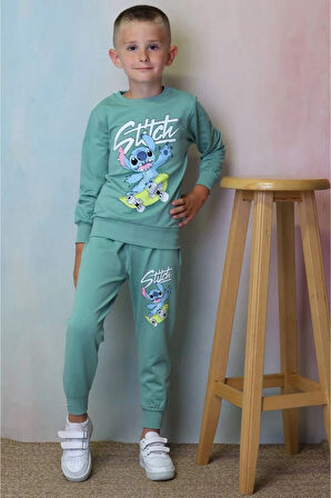 PJK2İ Stitch Desenli Yeşil 2 İp %100 Pamuk Erkek Çocuk Eşofman Takımı 3-10 Yaş 7319-Y