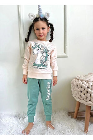 PJK2İ Unicorn Desenli Yeşil 2 İp %100 Pamuk Kız Çocuk Eşofman Takımı 3-10 Yaş 7322-Y