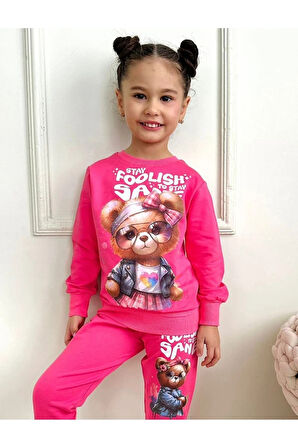 PJK2İ Süslü Ayıcık Desenli Fuşya 2 İp %100 Pamuk Kız Çocuk Eşofman Takımı 3-10 Yaş 7407-F