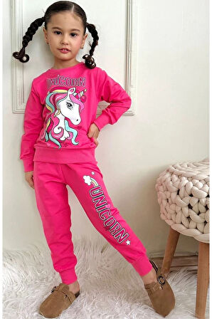 PJK2İ Unicorn Desenli Fuşya 2 İp %100 Pamuk Kız Çocuk Eşofman Takımı 3-10 Yaş 7447-F