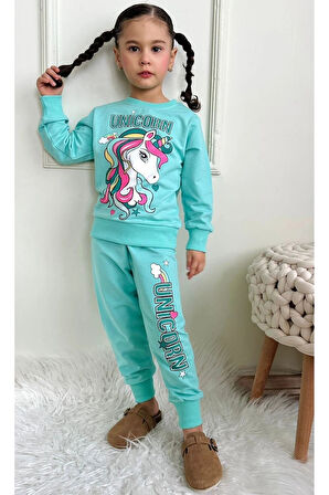 PJK2İ Unicorn Desenli Yeşil 2 İp %100 Pamuk Kız Çocuk Eşofman Takımı 3-10 Yaş 7447-Y