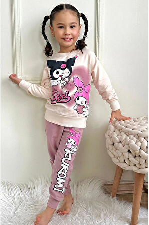 PJK2İ Kuromi Desenli Gül Kurusu 2 İp %100 Pamuk Kız Çocuk Eşofman Takımı 3-10 Yaş 7448-GK