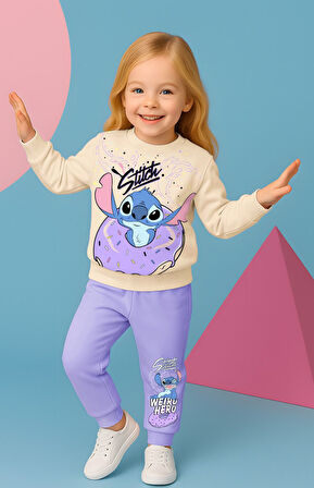 PJK2İ Stitch Desenli 2 İp %100 Pamuk Kız Çocuk Eşofman Takımı 3-10 Yaş 8114