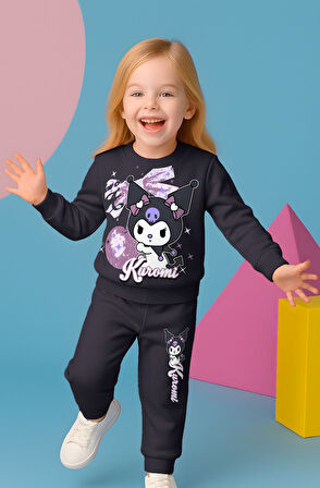 PJK2İ Kuromi Desenli 2 İp %100 Pamuk Kız Çocuk Eşofman Takımı 3-10 Yaş 8116