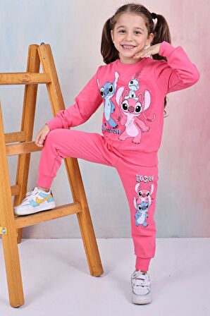 PJK2İ Stitch Desenli 2 İp %100 Pamuk Kız Çocuk Eşofman Takımı 3-10 Yaş 8117
