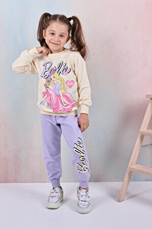 PJK2İ Barbie Desenli 2 İp %100 Pamuk Kız Çocuk Eşofman Takımı 3-10 Yaş 8119