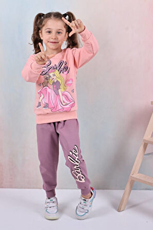 PJK2İ Barbie Desenli 2 İp %100 Pamuk Kız Çocuk Eşofman Takımı 3-10 Yaş 8119