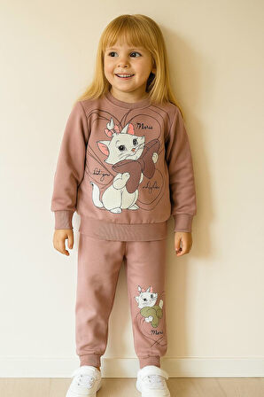 PJK2İ Marie Desenli 2 İp %100 Pamuk Kız Çocuk Eşofman Takımı 3-10 Yaş 8120