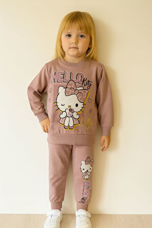 PJK2İ Hello Kity Desenli 2 İp %100 Pamuk Kız Çocuk Eşofman Takımı 3-10 Yaş 8122