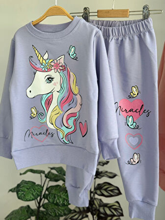 PJK2İ Unicorn Desenli 2 İp %100 Pamuk Kız Çocuk Eşofman Takımı 3-10 Yaş 8163