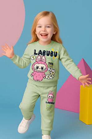 PJK2İ Labubu Desenli 2 İp %100 Pamuk Kız Çocuk Eşofman Takımı 3-10 Yaş 8174