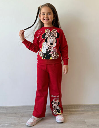 PJK2İ Minnie Mause Desenli Bol Paça 2 İp %100 Pamuk Kız Çocuk Takımı 3-10 Yaş 8175