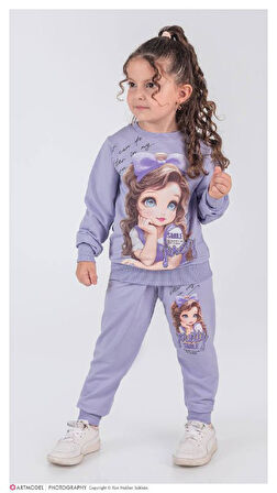 PJK2İ Kurdeleli Saçlı Kız Desenli 2 İp %100 Pamuk Kız Çocuk Eşofman Takımı 3-10 Yaş 8181