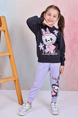 PJK2İ Labubu Desenli 2 İp %100 Pamuk Kız Çocuk Eşofman Takımı 3-10 Yaş 8188