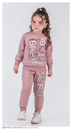 PJK2İ Labubu Desenli 2 İp %100 Pamuk Kız Çocuk Eşofman Takımı 3-10 Yaş 8227